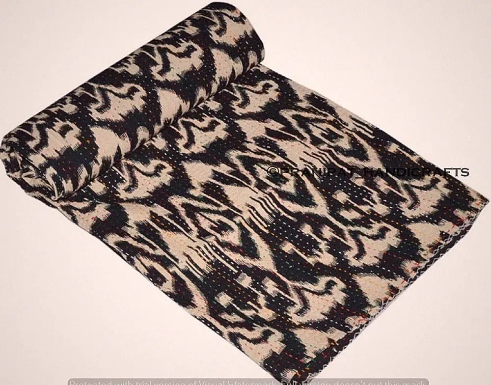 Indian Ikat Print Ethnic Twin Black Hippie Throw Blanket Sofa Decor Kantha Quilt