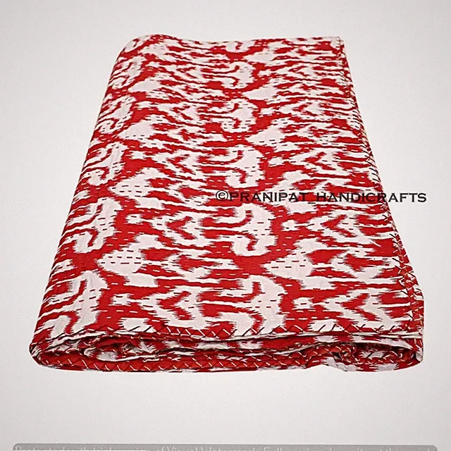 Indian Ikat Print Ethnic Twin Red Hippie Throw Blanket Sofa Decor Kantha Quilt