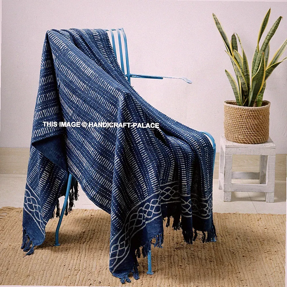 Indigo Hand Block Printed Throw Blanket Bohemian Mud Cloth Indian Sofa Bed Throw