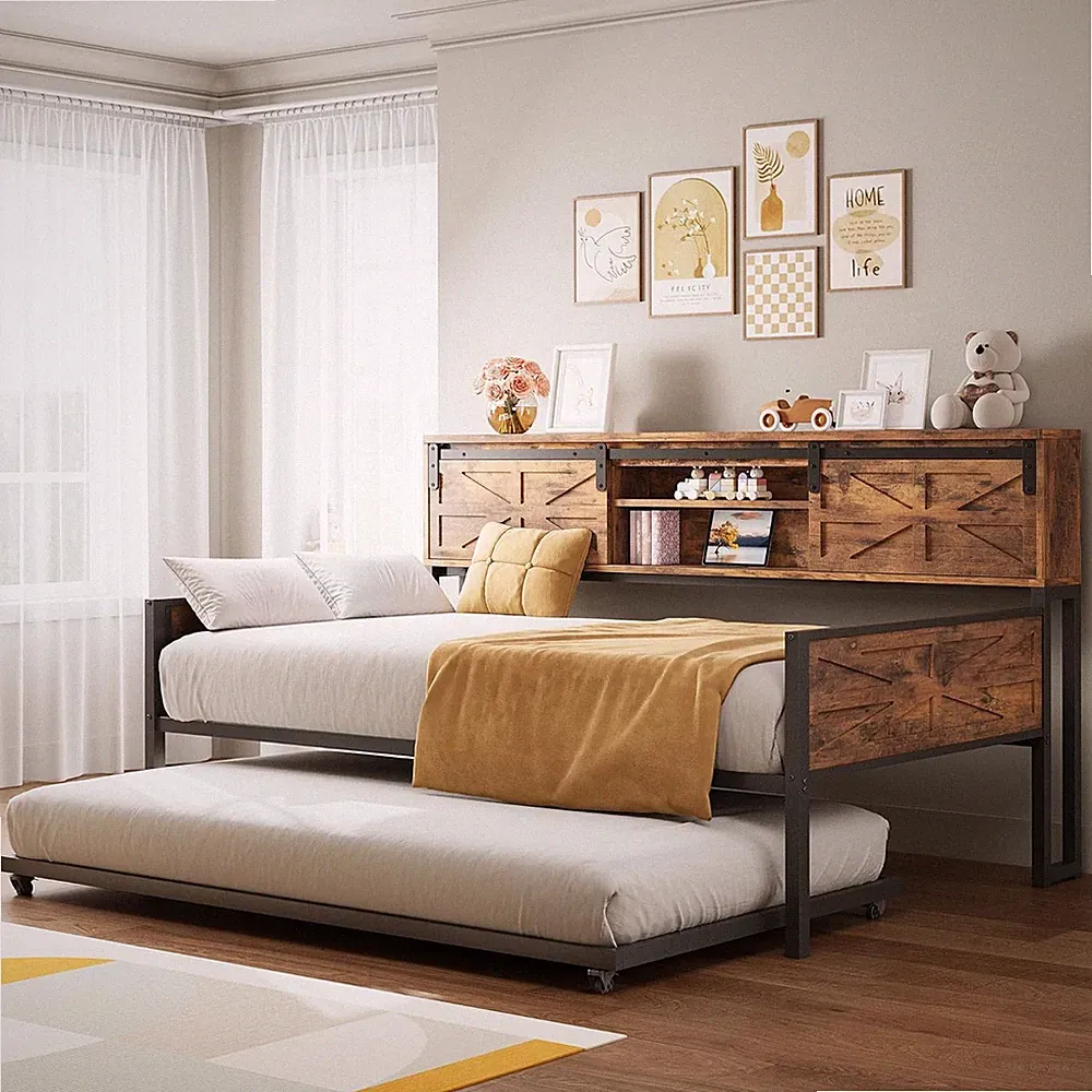 Industrial Brown Daybed with Trundle, Storage Headboard & Charging Station