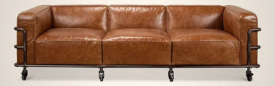 Industrial Modern Aged Top Grade Brown Leather Iron Accent Large Sofa- 102'' W
