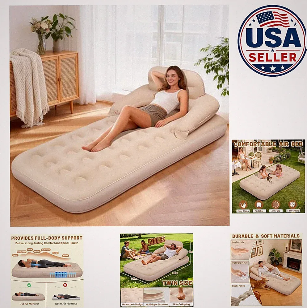 Inflatable Air Mattress Twin Size Sofa Bed Detachable Backrest Camping Guest