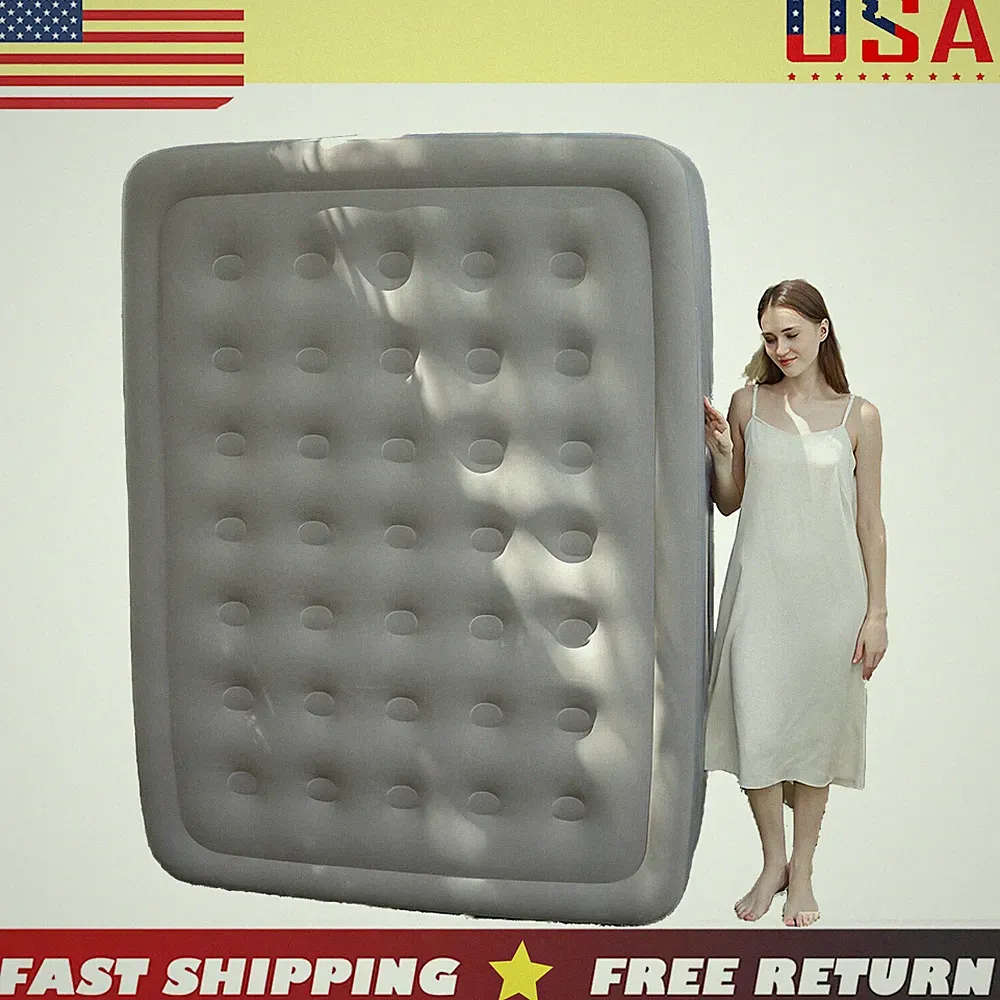 Inflatable Bed Mattress Double Air Sofa with Air Pump & 2 Pillows Gray Portable