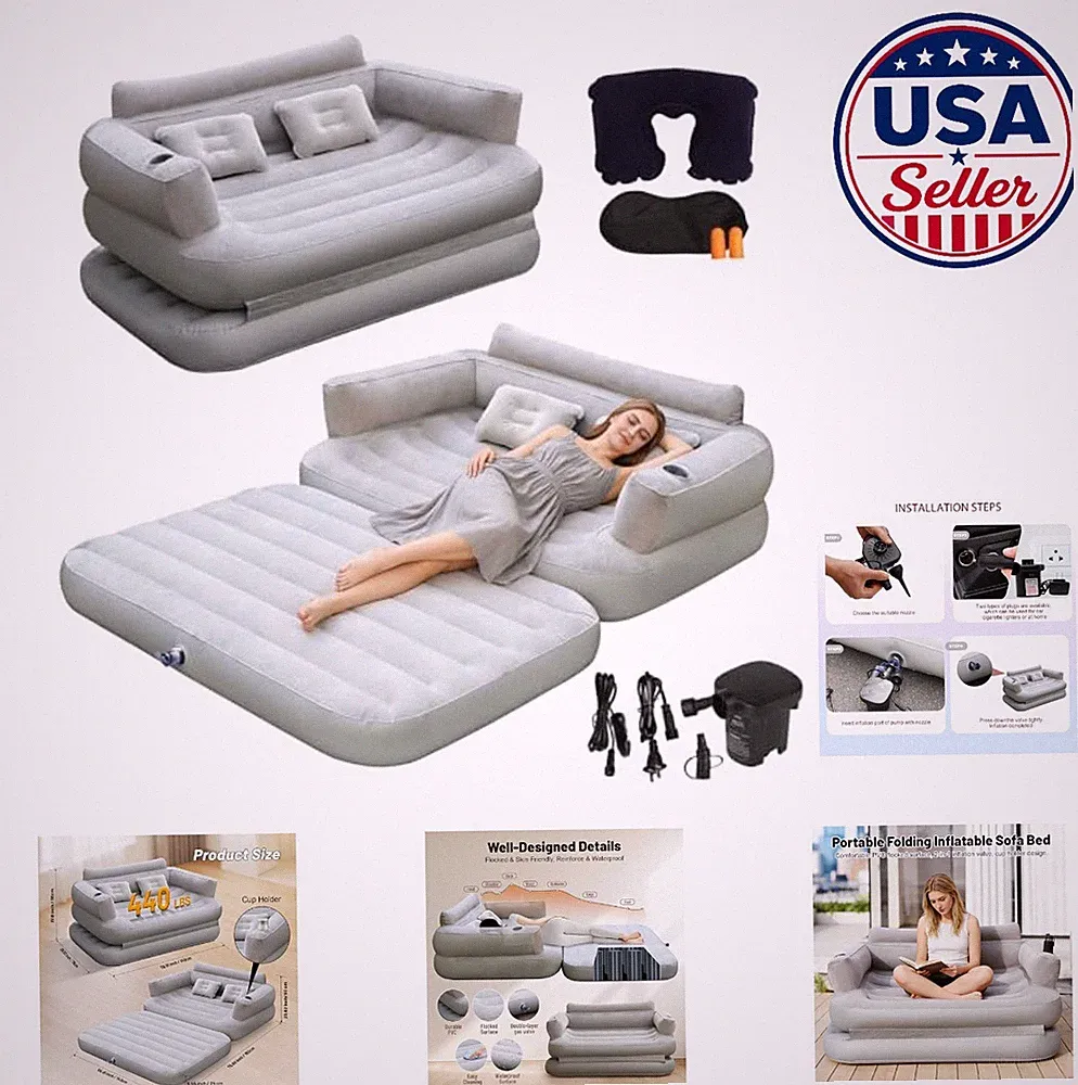 Inflatable Sofa Bed Full Size 440 lb Capacity with Air Pump Pillows Camping