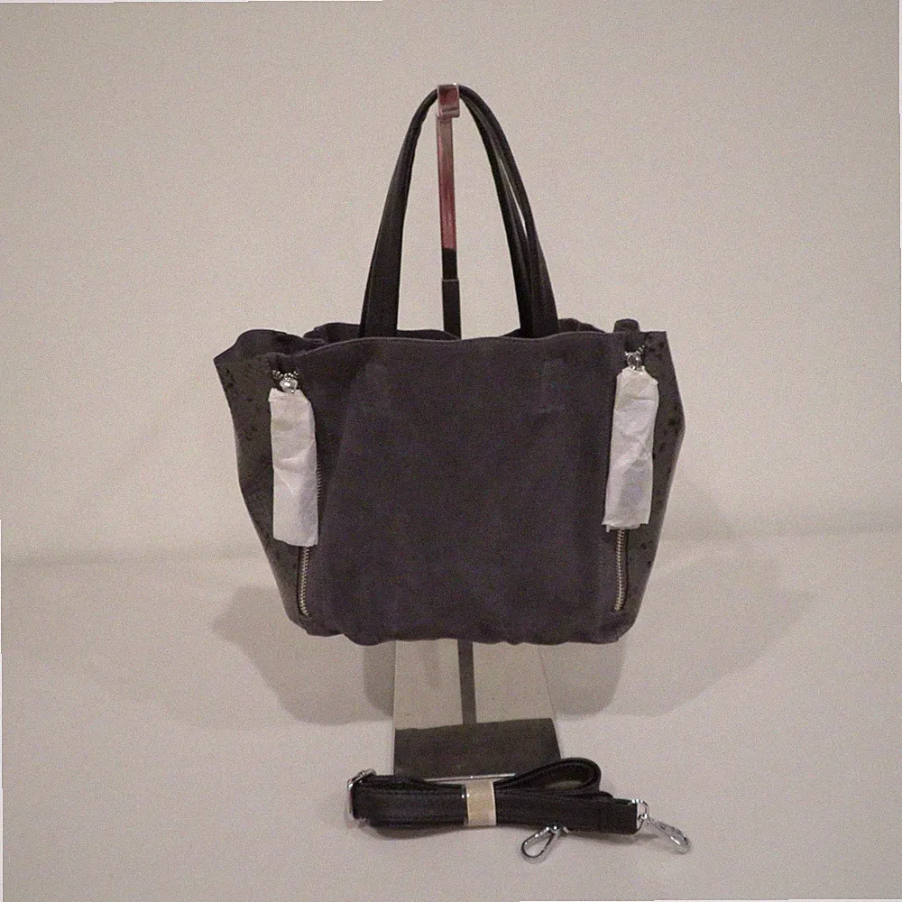Inzi Small Gray Suede Purse Croc Embossed Panels Faux Leather Handles Zipper