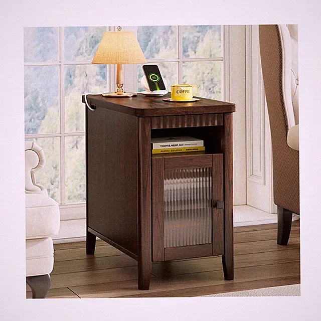 iPormis End Table with Charging Station, Narrow Side Table for Living Room, F...