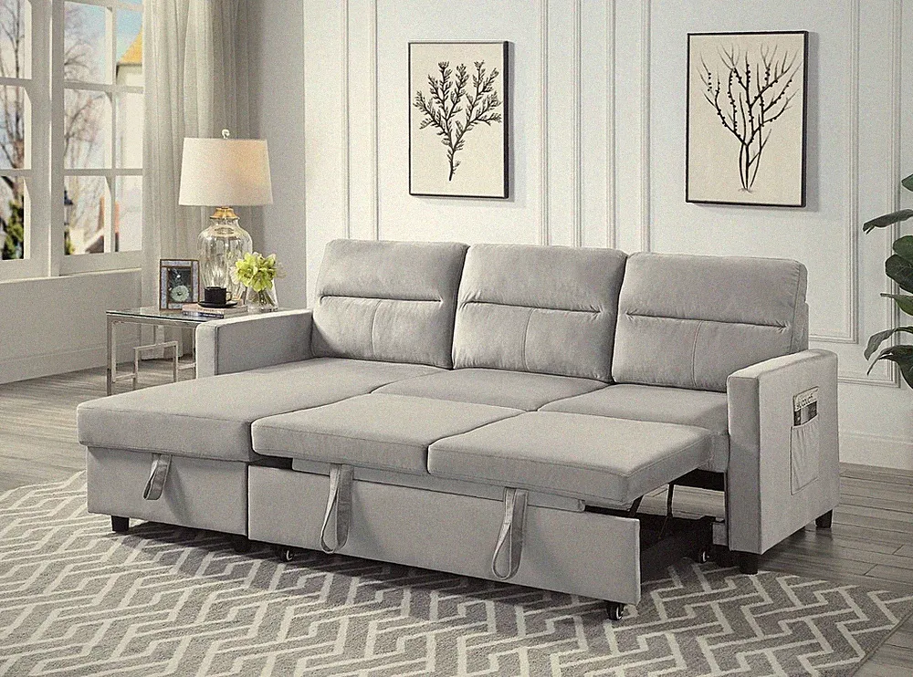 Iride 81.5"W Light Gray Velvet Reversible Sleeper Sectional Sofa with Storage Ch