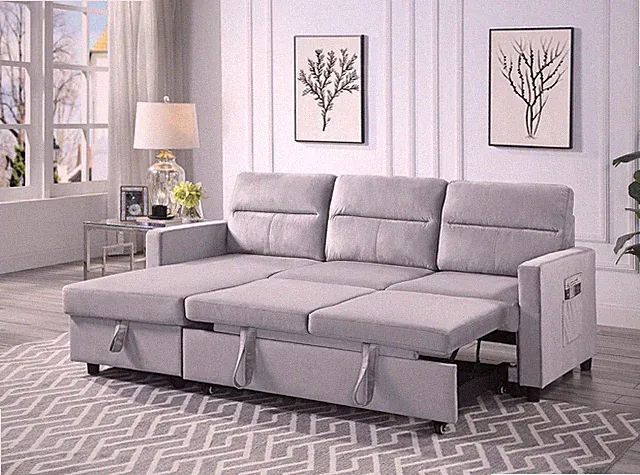Iride 81.5"W Light Gray Velvet Reversible Sleeper Sectional Sofa with Storage Ch