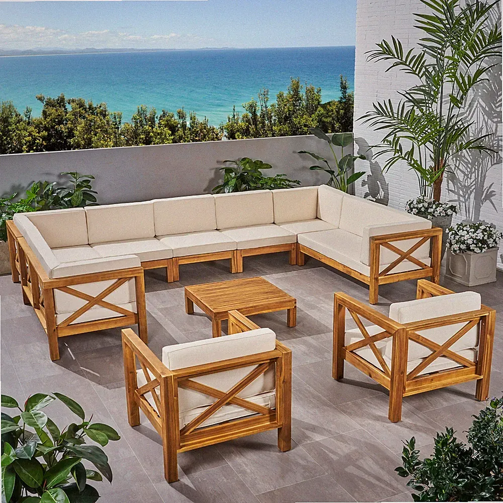 Isabella Outdoor 11 Seater Acacia Wood Sectional Sofa and Club Chair Set