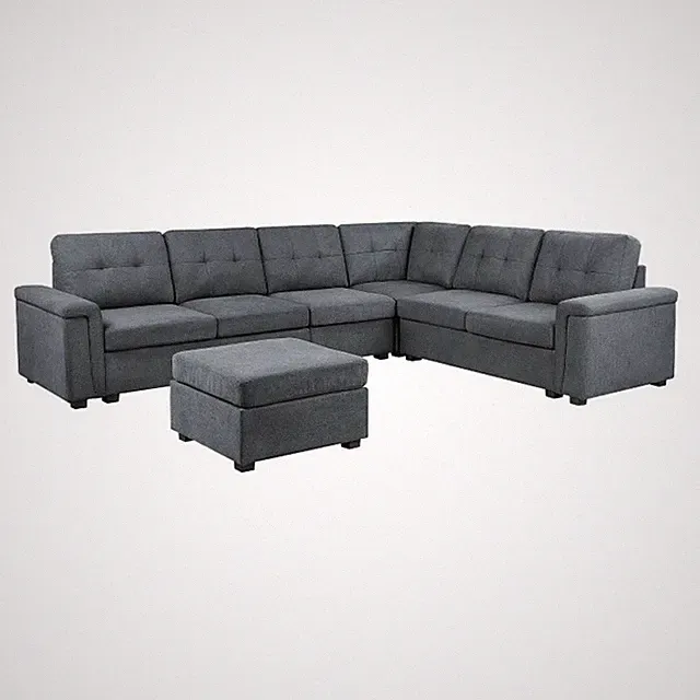 Isla Gray Woven Fabric 7-Seater Corner Sectional Sofa with Ottoman