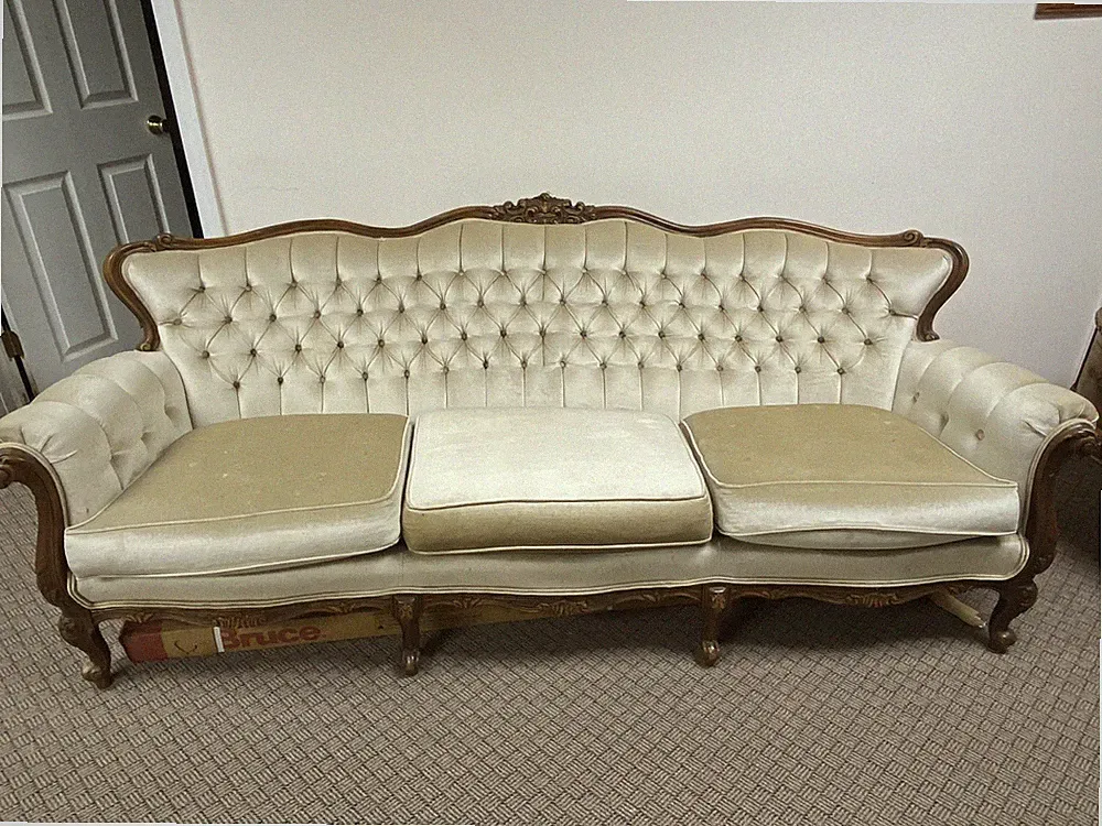 Italian Provincial Carved Wood and Upholstered Sofa Couch Part Of 2 Piece Set