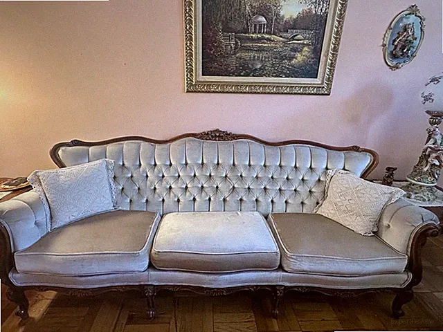 Italian Provincial Carved Wood and Upholstery Sofa and Love Seat. Vintage