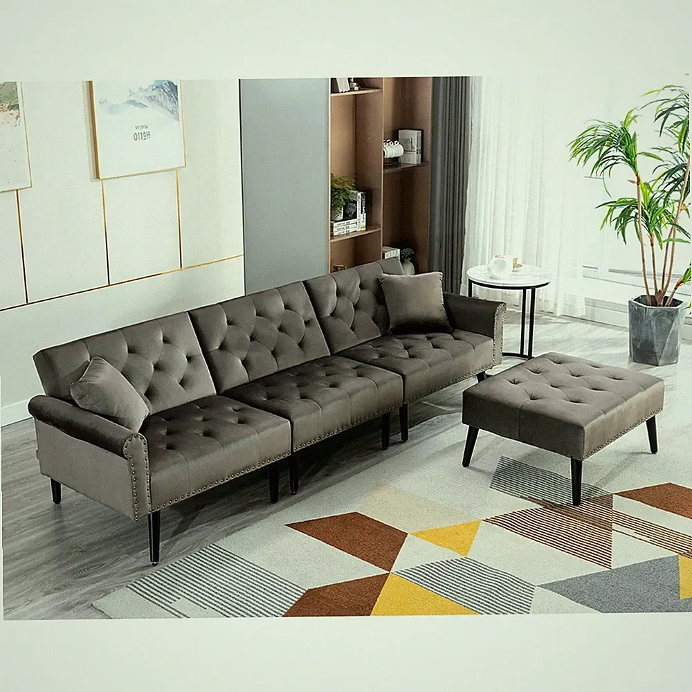 Ivinta Convertible Velvet Sofa with Ottoman Sectional Couch for Living Room