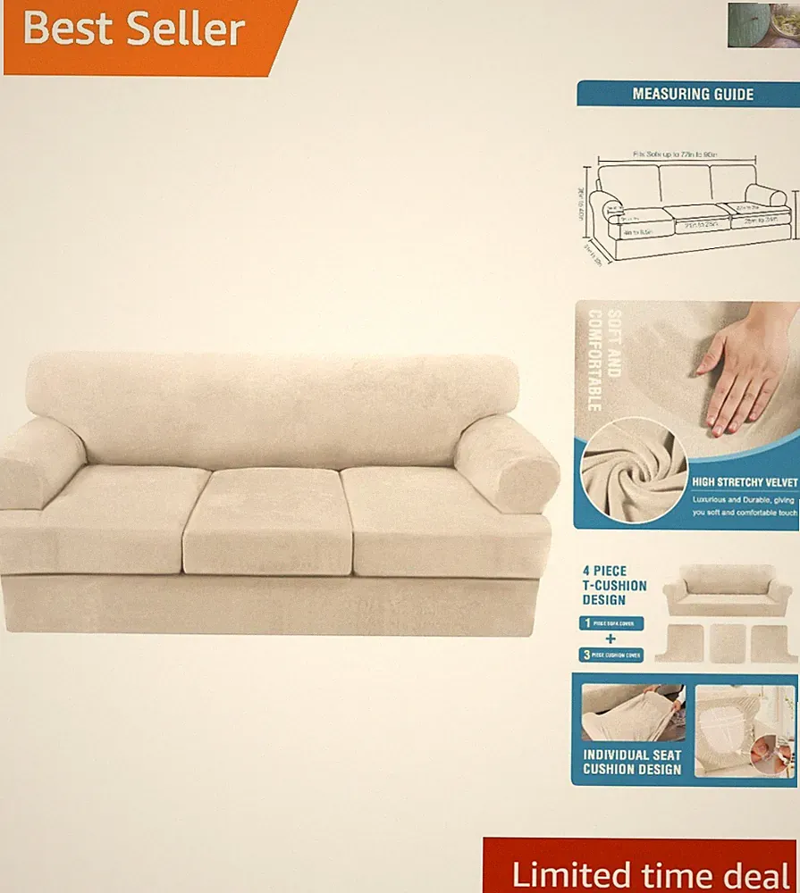 Ivory 4-Piece Stretch Sofa Covers for 3 Cushion T Couch - Elegant Protection