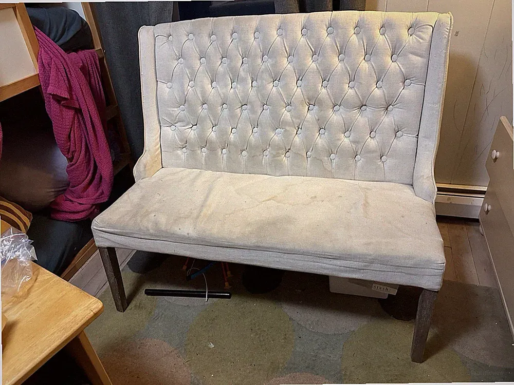 Ivory Armless Tufted High Back Loveseat Sofa Couch Settee Fair Condition