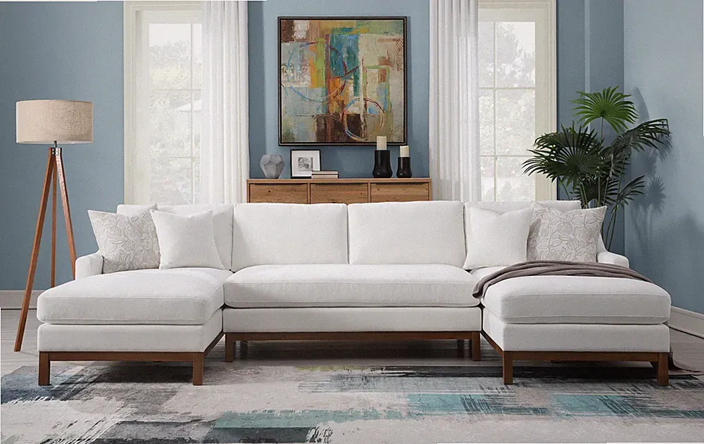 Ivory Chenille Sectional Sofa with 4 Pillows, Reversible Cushions