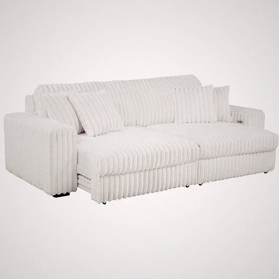 IVORY CORDUROY POWER RECLINING CHAISE SOFA USB EQUIPPED LIVING ROOM FURNITURE