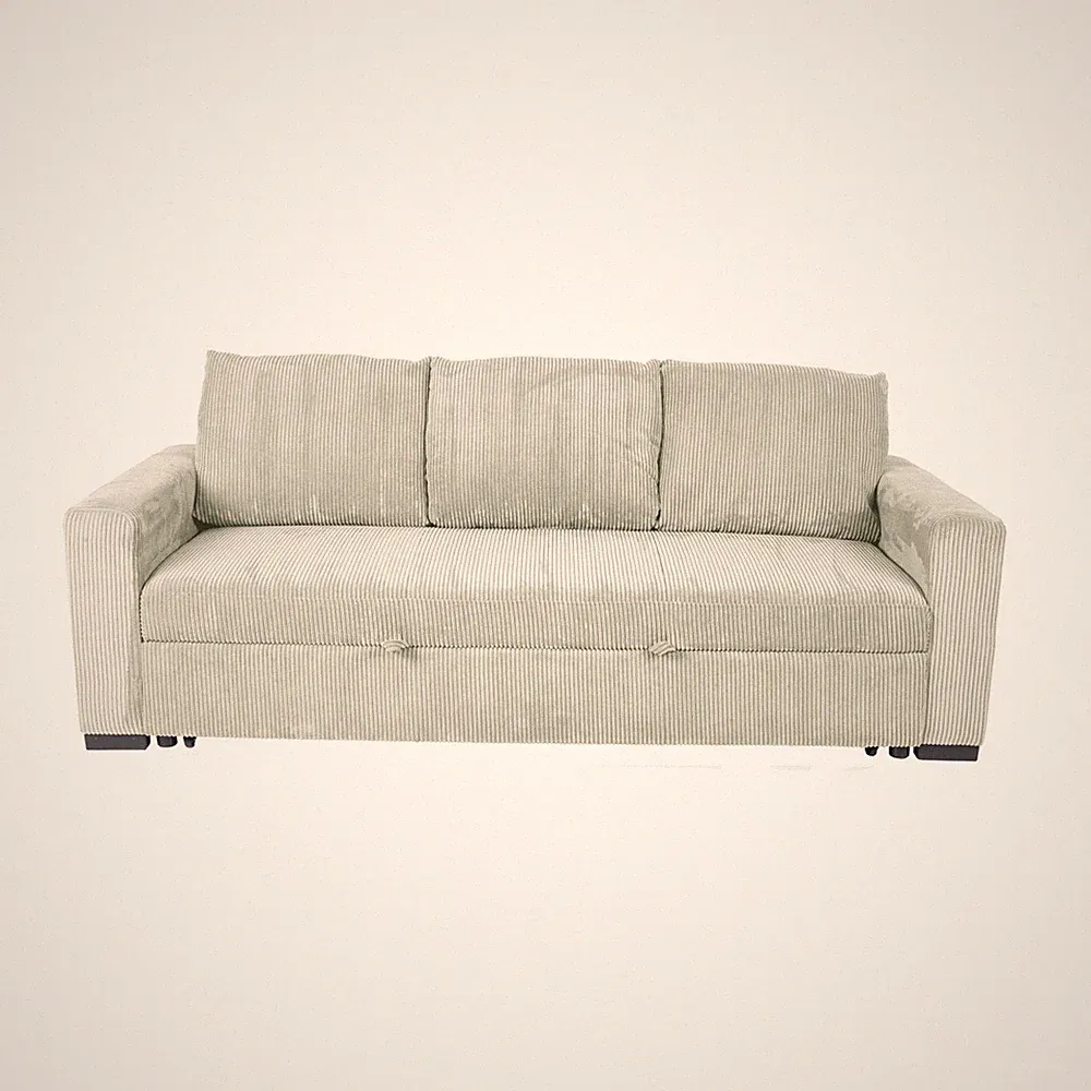 Ivory Corduroy Sleeper Sofa with Pull-Out Bed, 85" L x 32" W