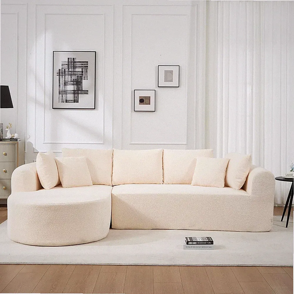 Ivory L-Shaped Corduroy Sectional Sofa with Chaise - Easy Assembly