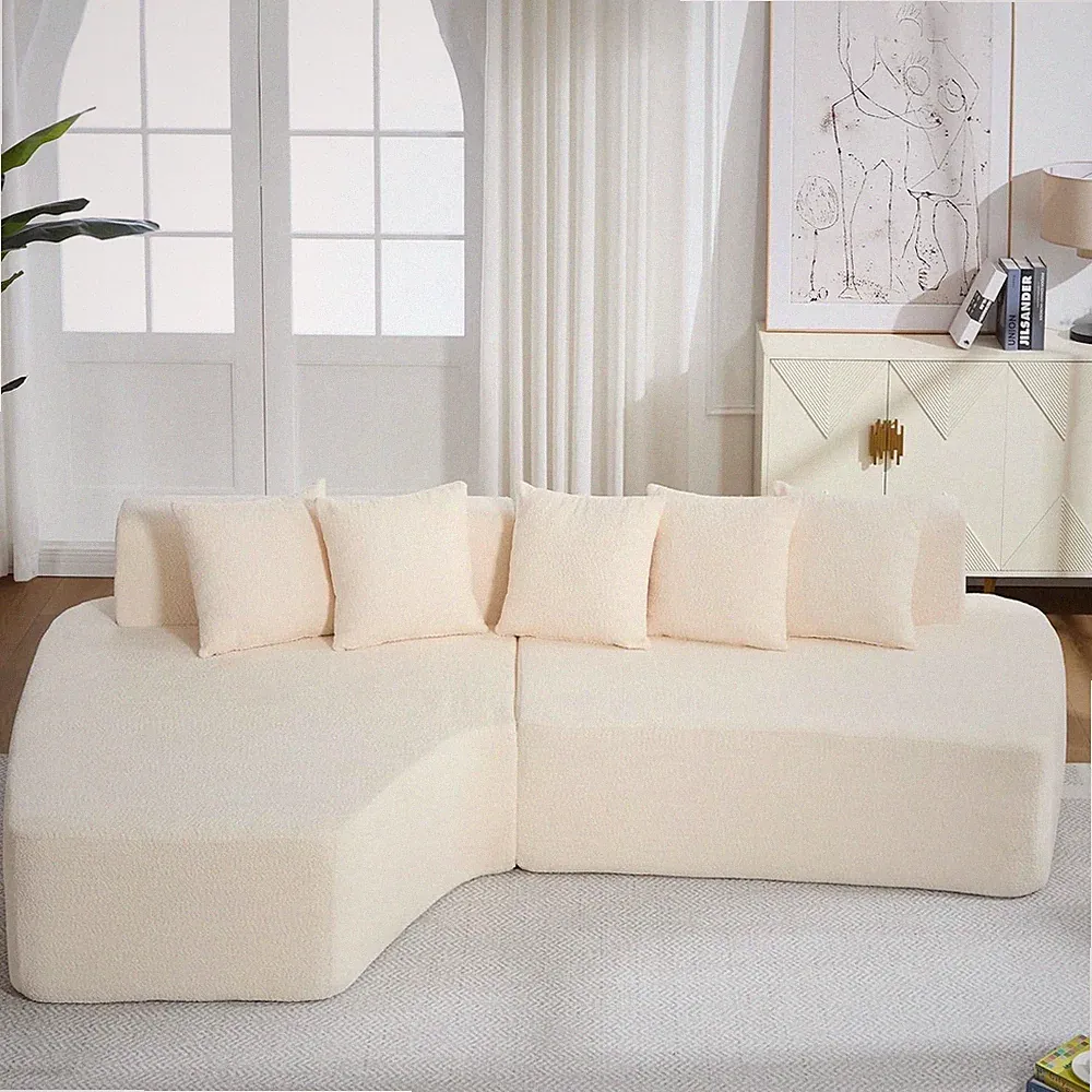Ivory L-Shaped Corduroy Sectional Sofa with Chaise - Easy Assembly