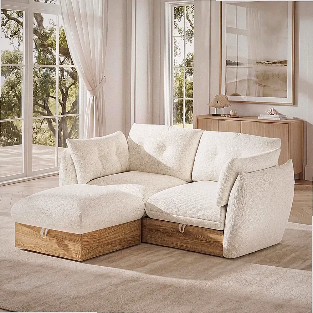 Ivory L-Shaped Modular Sofa with Storage & Ottoman for Living Room, Easy Assembl