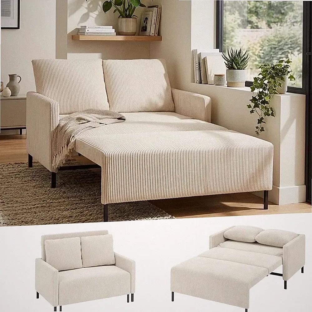 Ivory White Loveseat Sleeper Sofa, 47" Convertible Bed with 2 Pillows