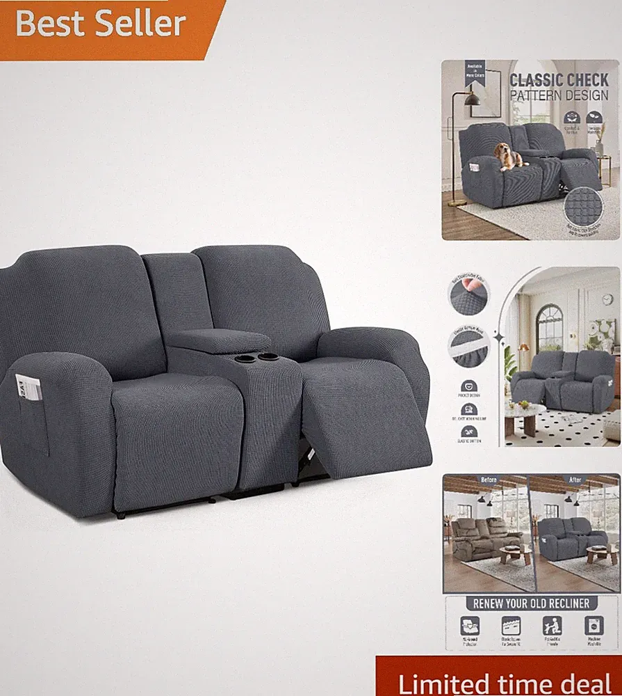 Jacquard Grey Loveseat Recliner Cover with Console - Washable Protector