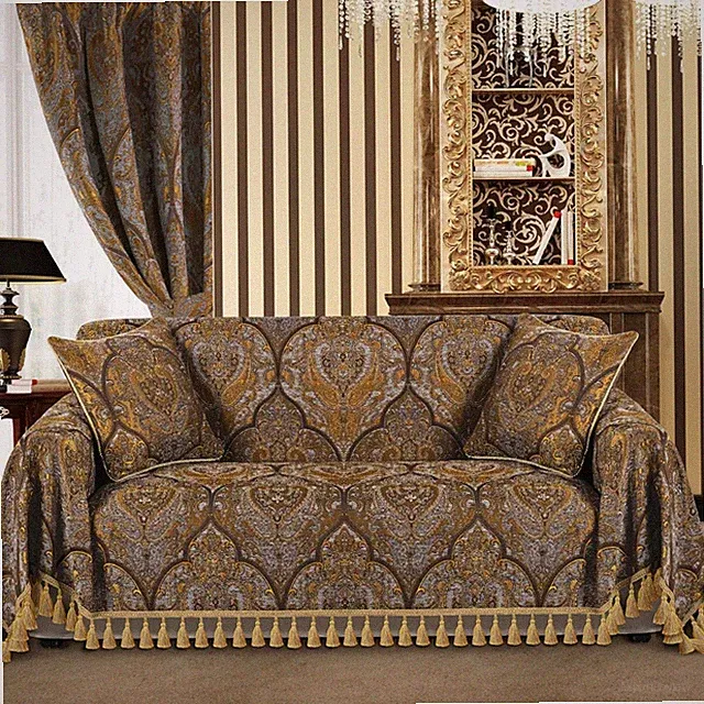 Jacquard Sofa Cover with Tassels - Bronze Gold, 71" x 118"