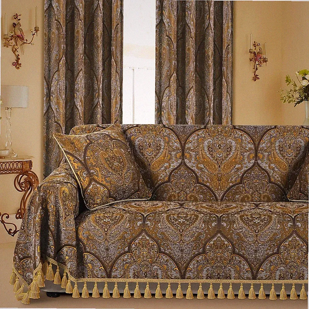 Jacquard Sofa Cover with Tassels, Bronze Gold, 71"x118"