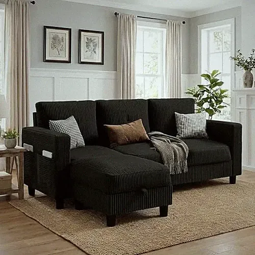 JAMFLY 77" L-Shaped Corduroy Sectional Sofa with Storage Ottoman, Black