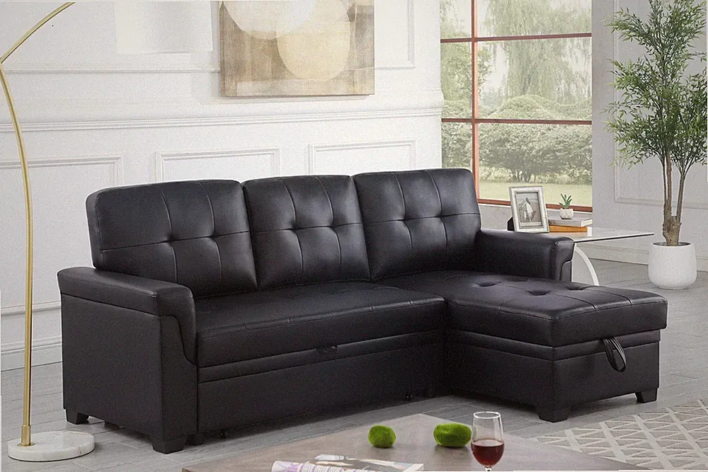 Jardin 84"W Black Vegan Leather Modern Reversible Sleeper Sectional Sofa with St