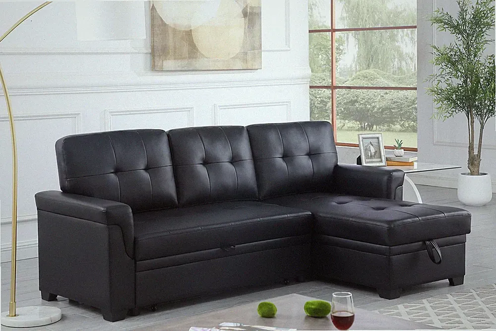 Jardin 84"W Black Vegan Leather Modern Reversible Sleeper Sectional Sofa with St