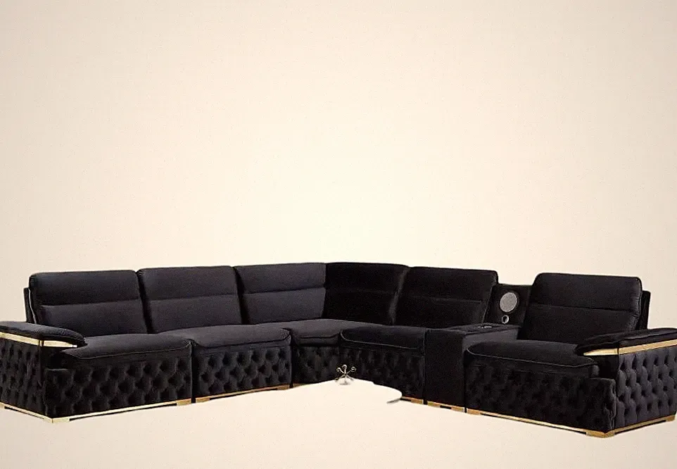 Java Velvet Sectional Sofa - Upholstered Modular Couch with Speaker, Moca
