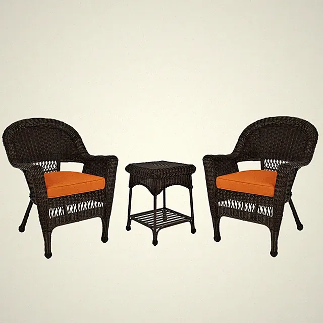 Jeco 3 Piece Wicker Conversation Set in Espresso with Orange Cushions