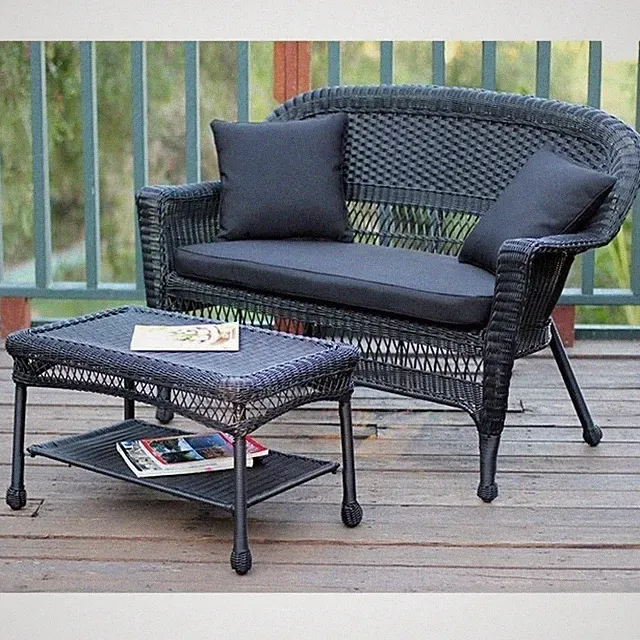 Jeco Wicker Patio Love Seat and Coffee Table Set in Black with Black Cushion