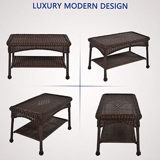 Jeco Wicker Patio Love Seat and Coffee Table Set in Black with Blue Cushion