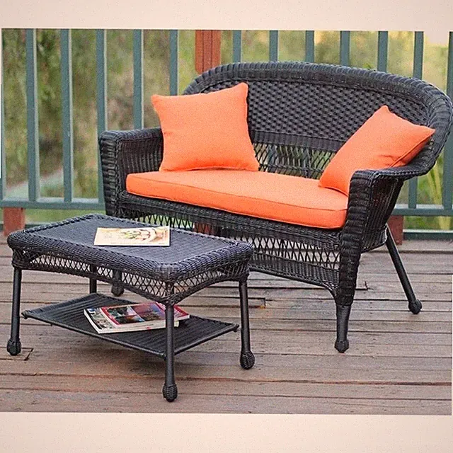 Jeco Wicker Patio Love Seat and Coffee Table Set in Black with Orange Cushion