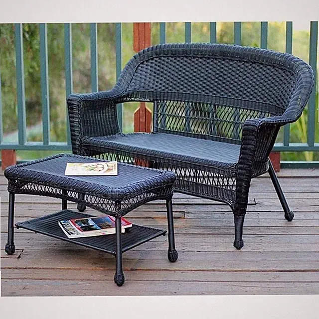 Jeco Wicker Patio Love Seat and Coffee Table Set in Black without Cushion