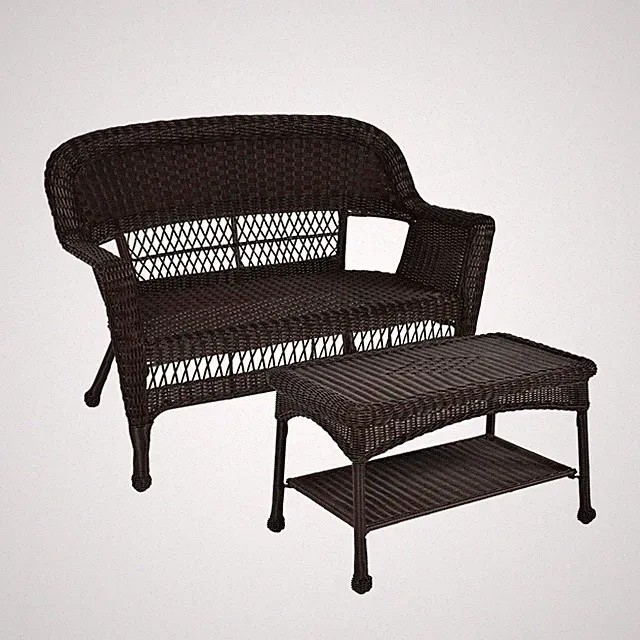Jeco Wicker Patio Love Seat and Coffee Table Set in Black without Cushion