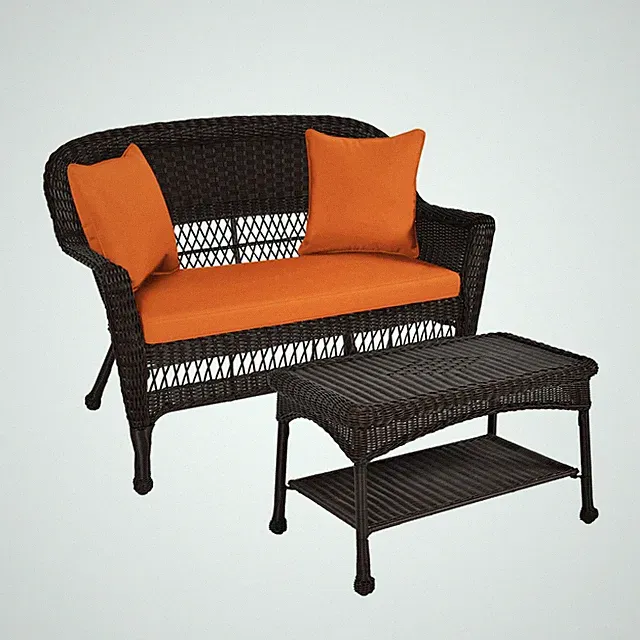 Jeco Wicker Patio Love Seat and Coffee Table Set in Espresso with Orange Cushion