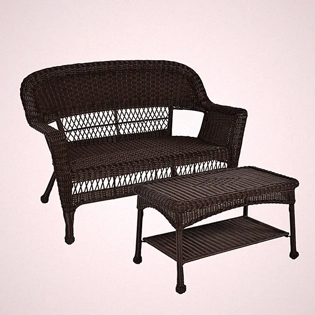 Jeco Wicker Patio Love Seat and Coffee Table Set in Espresso without Cushion