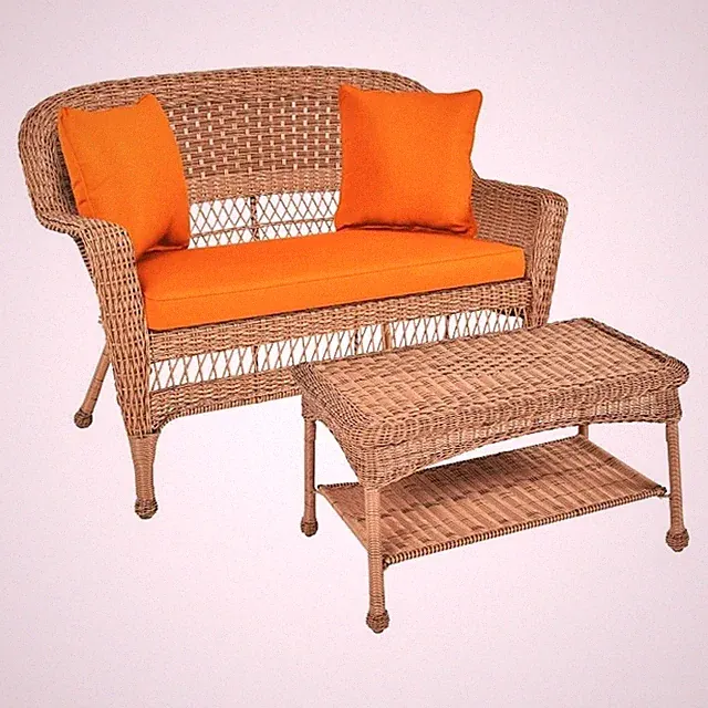 Jeco Wicker Patio Love Seat and Coffee Table Set in Honey with Orange Cushion