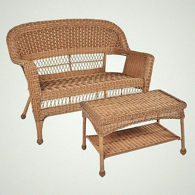 Jeco Wicker Patio Love Seat and Coffee Table Set in Honey without Cushion