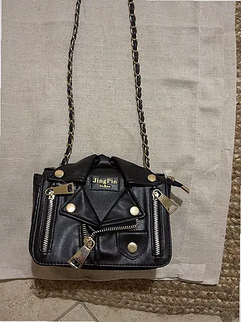 JingPin NvBao Black Faux Leather Biker Jacket Hand Bag Purse 3Way wear-Crossbody