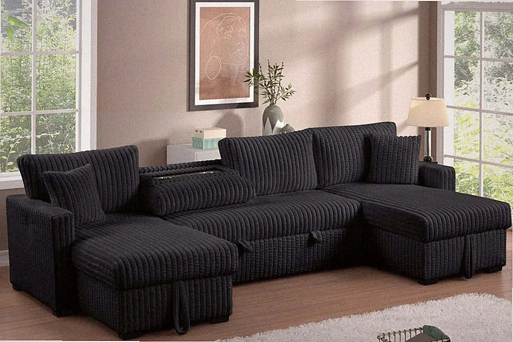July Black Double Storage Chaise Sectional (w/ Pull Out Bed) **NEW ARRIVAL**