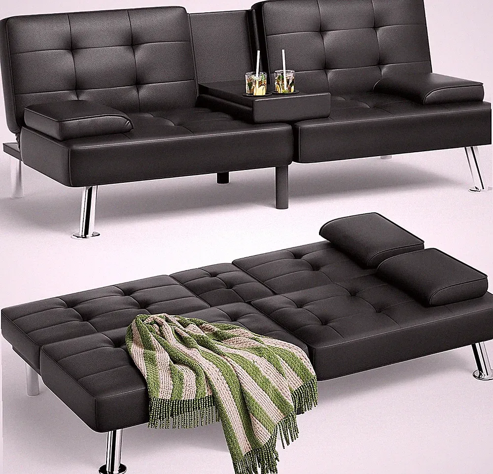 JUMMICO Faux Leather Futon Sofa Bed Futon Couch with Removable Armrests Adjustab