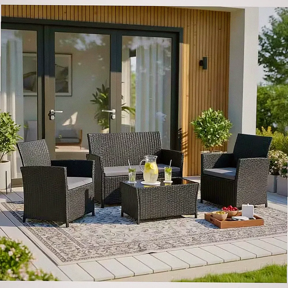 Juskys Modern Black PE Rattan Patio Furniture Set 4-Piece Outdoor Sectional Sofa