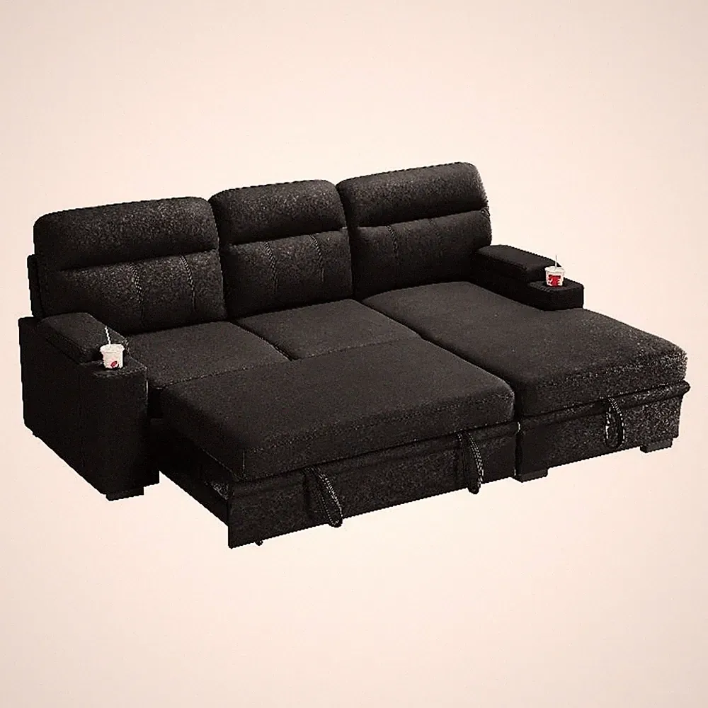 Kaden 93" Black Fabric Sleeper Sectional Sofa Chaise with Storage Arms+Cupholder