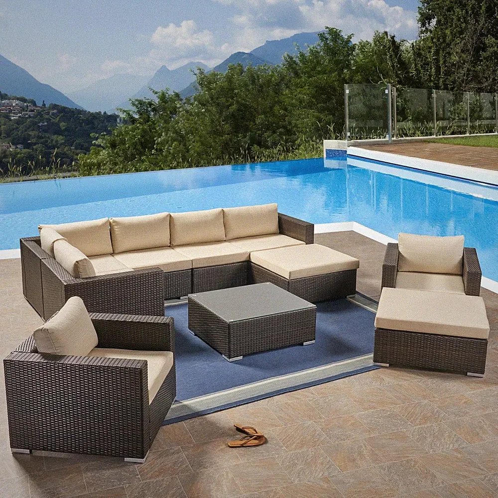 Karl Outdoor 7 Seater Wicker Sectional Sofa with Aluminum Frame