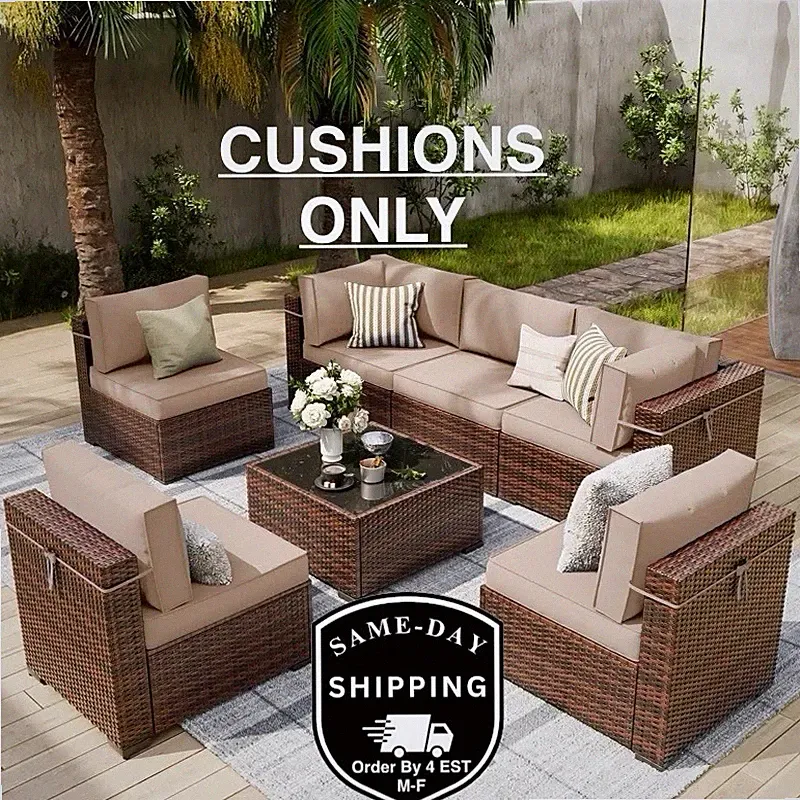Keyala 7 Piece Rattan Sectional Seating Group CUSHIONS ONLY Latitude Run KHAKI